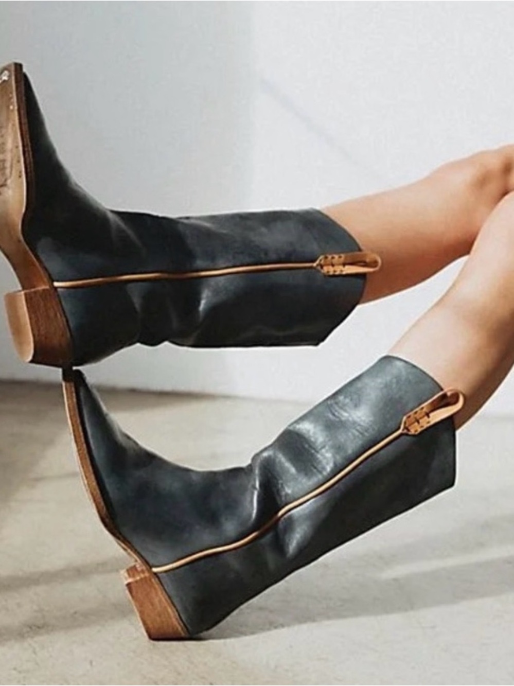 We The Free Dark Green Mid-Calf Boots with Tan Trim